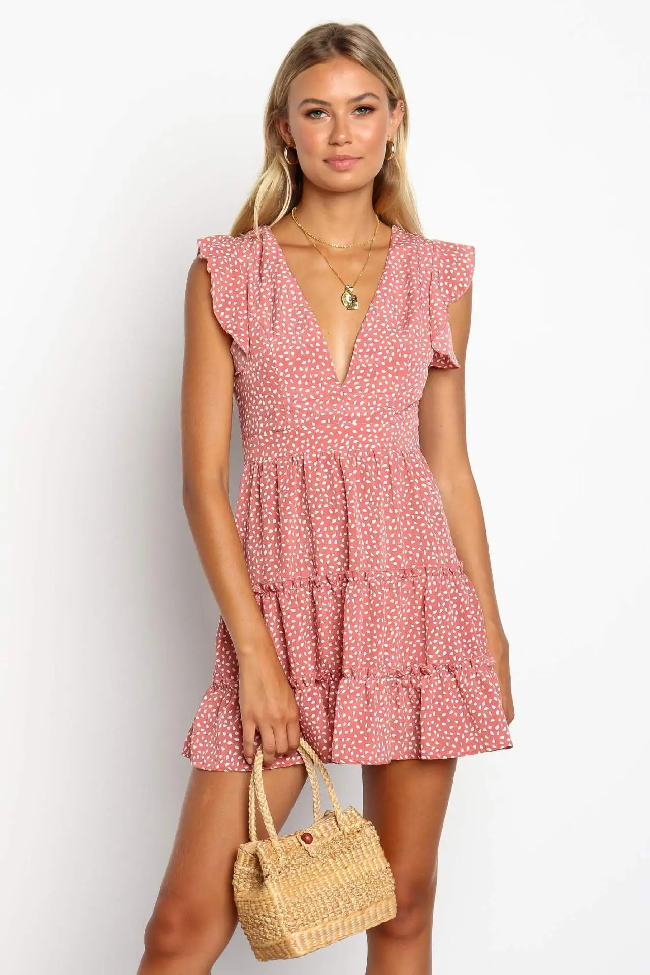 

summer flounced pleated floral Women's printed dress elegant lady casual female sundress dress beach