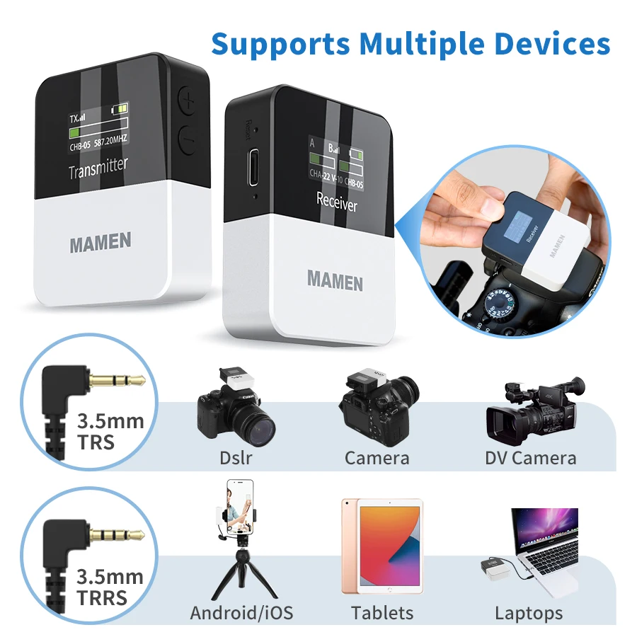 MAMEN Mini UHF Wireless Microphone System with Monitor Function 50M Transmission for Vlog Interview Recording Lavalier Microfone images - 6