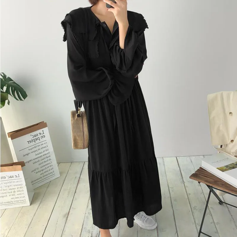 LANMREM Solid Color Doll Collar Trumpet Sleeves Loose Woman Chiffon Dress Casual Sweet Fashion 2020 Spring Dresses New TV141 | Женская