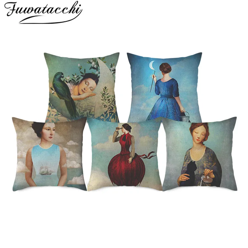 

Fuwatacchi Linen Cushion Covers Beautiful Women Pillows Cover for Home Sofa Decorative Lady Portrait Printed Pillowcases 45x45cm