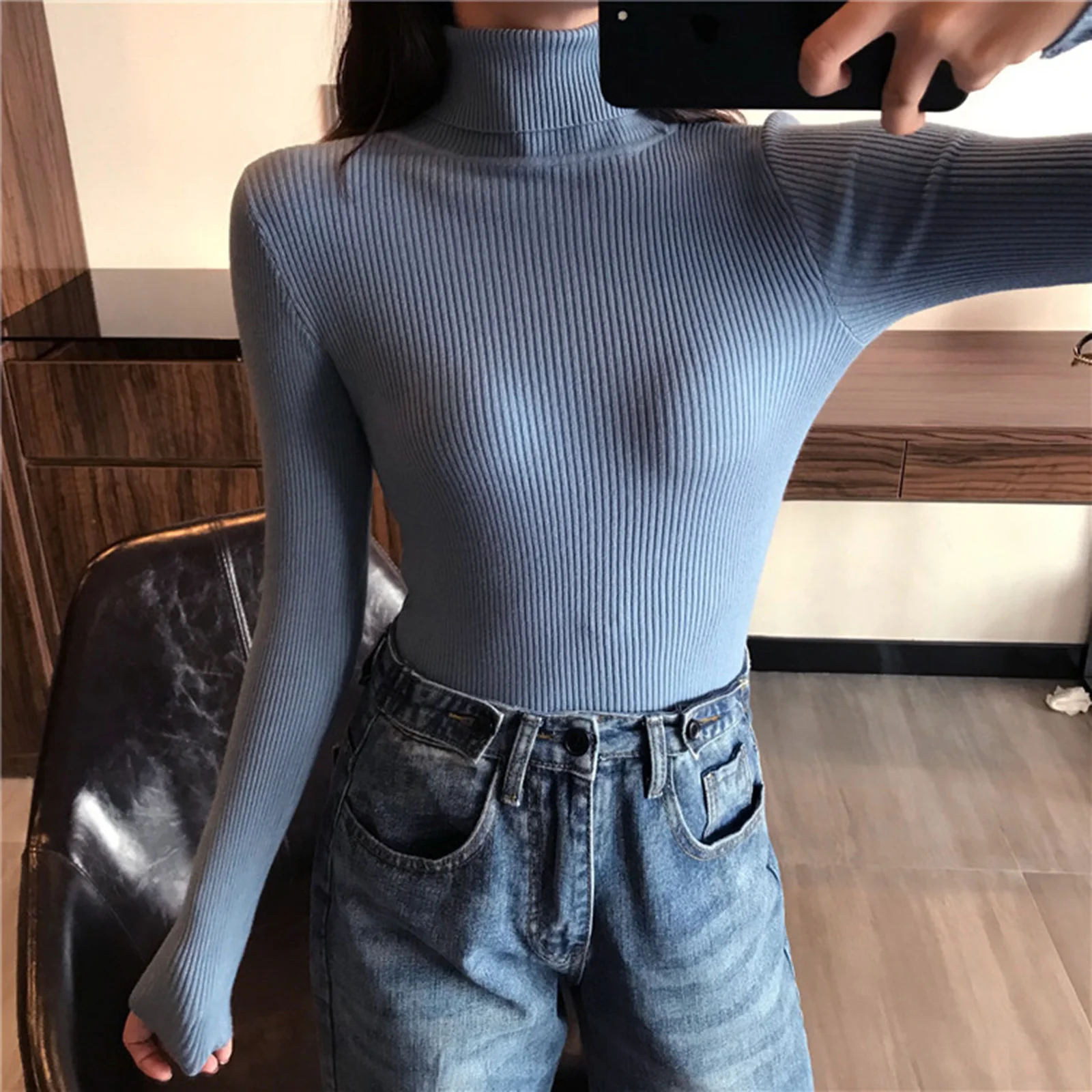

Womens Winter Turtle Neck Tops Knitted Ladies Casual Sweater Jumper