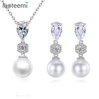 luoteemi imitation pearl women jewelry sets waterdrop cubic zirconia pendientes ensemble femme 2 pi%c3%a8ces wedding bridal jewelry