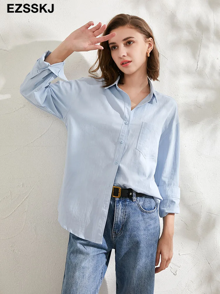 EZSSKJ новинка 2021 шикарная повседневная женская рубашка однотонная длинная