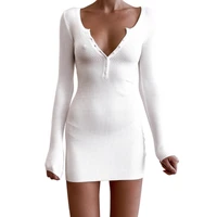 long sleeve ladies button knitted v neck skinny dress 2021 fall sexy cotton loose casual black white party dress