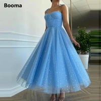 fairy blue princess prom dresses sparkly starry tulle strapless short prom gowns pleated tea length a line formal party gowns