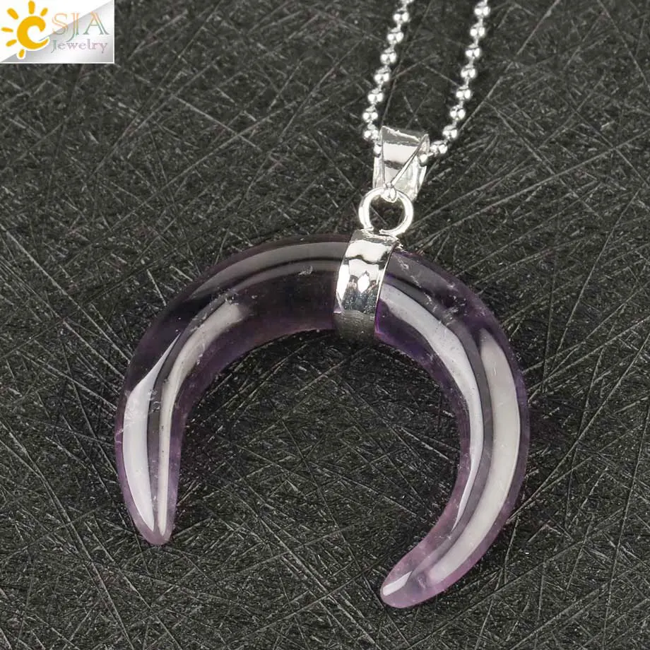 Amethyst Chain Csja натуральный хрустальный каменный кулон серебряного цвета ожерелья полумесяц двойная Подвески в виде рога для женщин и мужчин целебные ювелирные изделия G159 - Окраска металла: Amethyst Chain