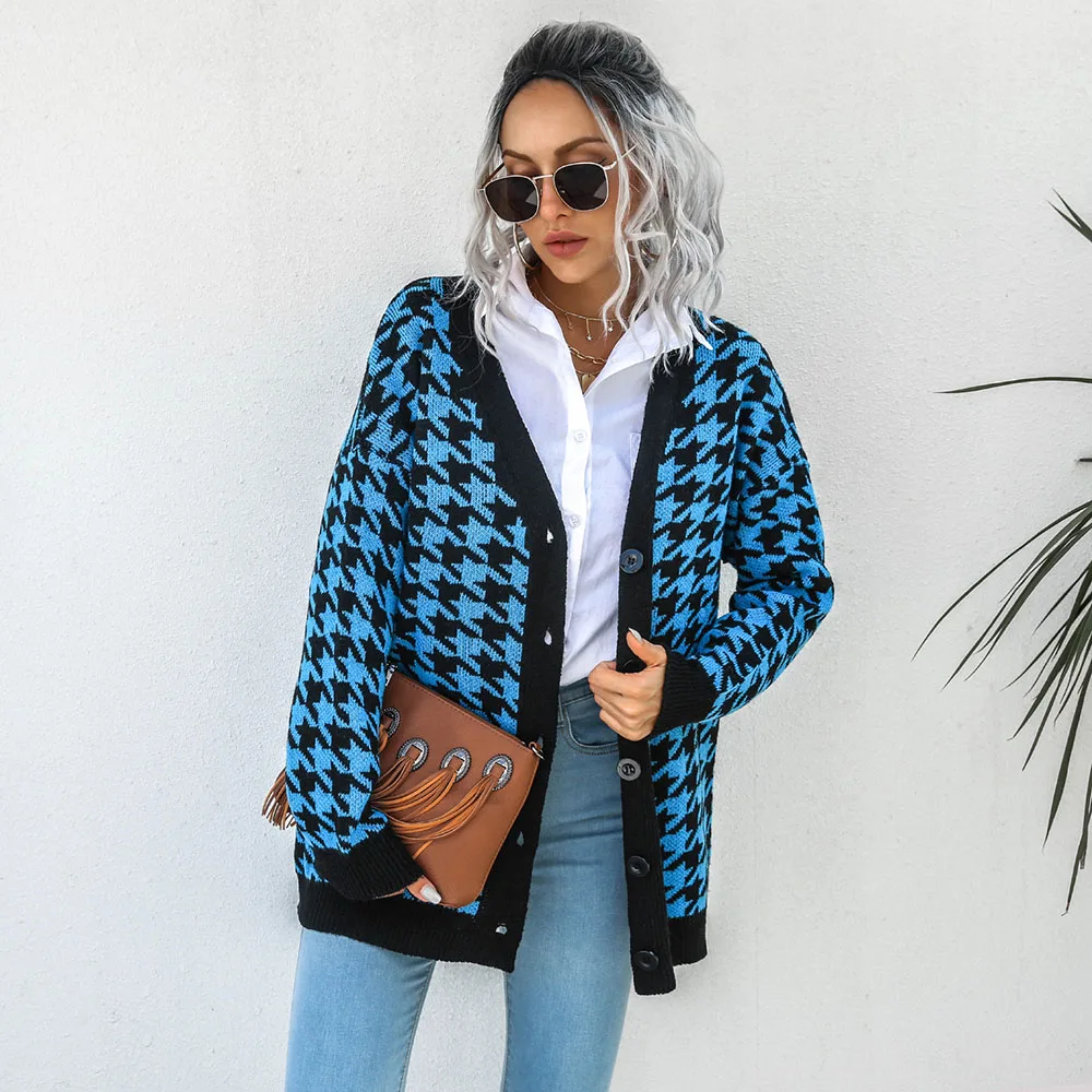 

2021 Autumn Winter New Womens Sweater Fashion Casual Single Breasted Houndstooth Long Sleeve V-neck Knitting Cardigan Jacket