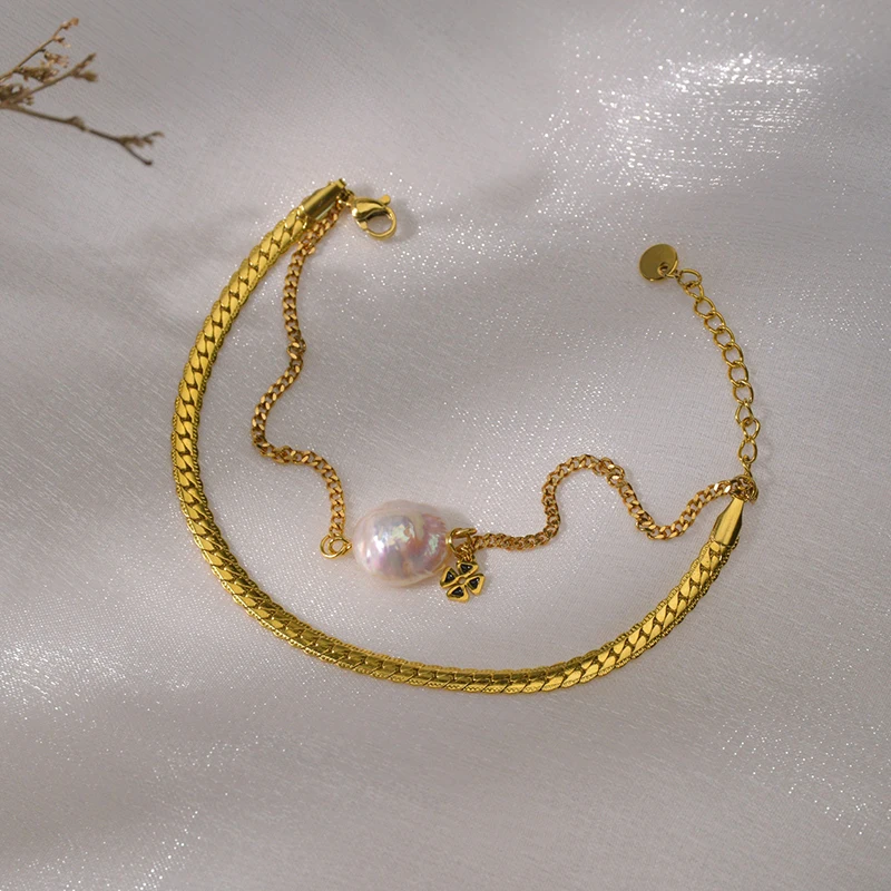 Элегантные жемчужные браслеты ELSEMODE золотистые двухслойные из нержавеющей стали