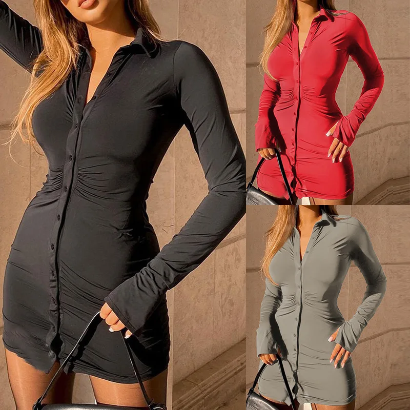 

Woman Shirt Dress Button Long Sleeve Dresses Solid Color Vintage Clothes Black Summer Woman Tunic Dress Lapel Plus Size Dress