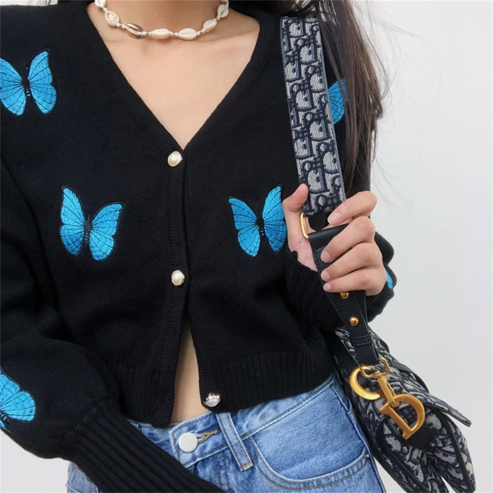

New Women Cropped Sweater Spring Autumn Streetwear Butterfly Embroidery Y2k Crop Cardigan Woman Korean Fashion Knitted Sweater