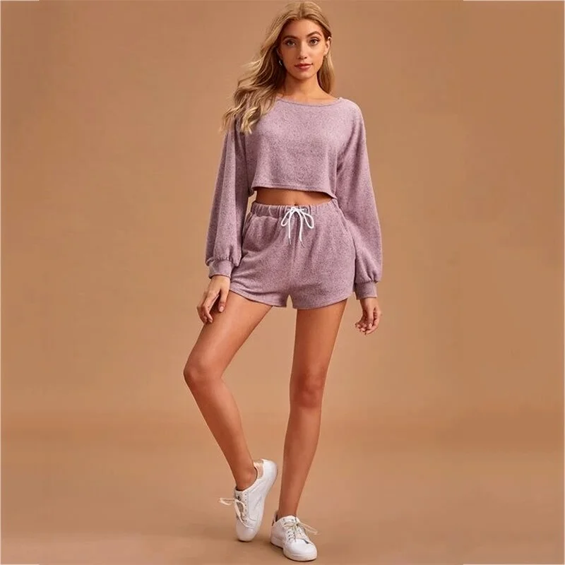

WEPBEL Women Tracksuits Set Summer Long Sleeve Top Shirt Biker Shorts Casual Two Piece Set Streetwear Outfits