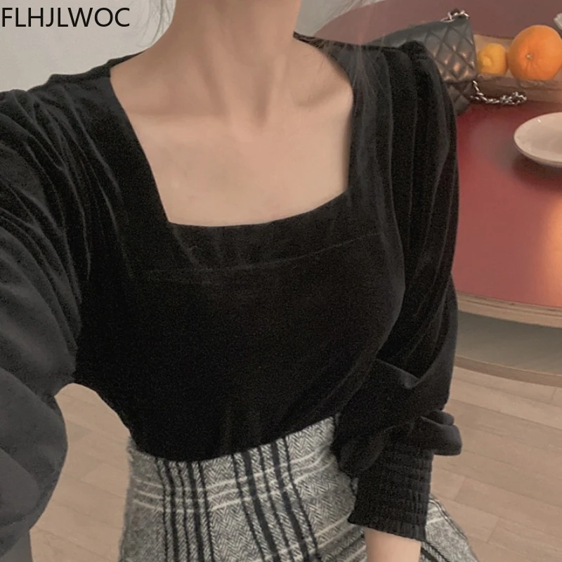 2021 Korea Chic Tops Blusas Women Fenimine Office Lady Solid Collar Square Neck Black Blouses