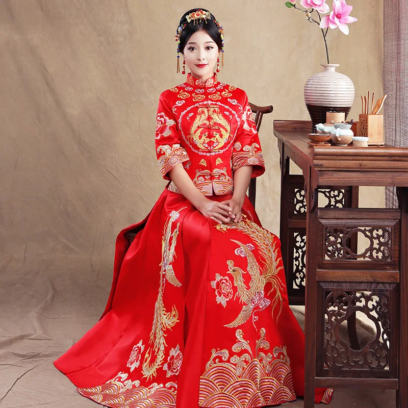 Летнее традиционное китайское свадебное платье с полурукавами и вышивкой в