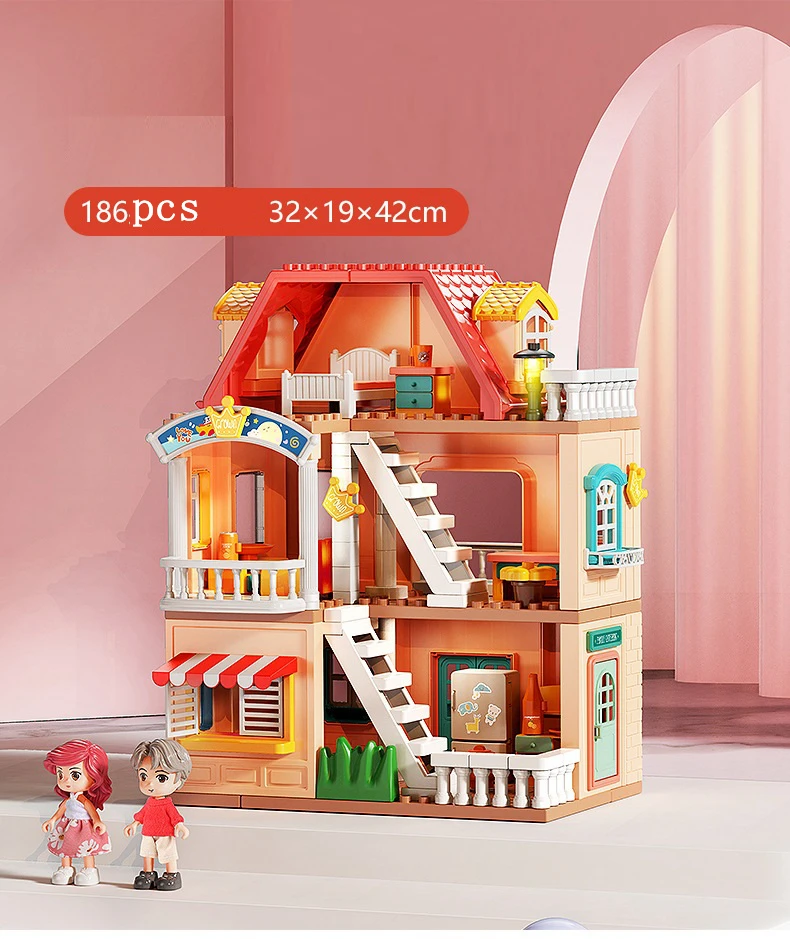

186PCS Little Doll MOC Building Toys Big Particle Roof Blocks City House Castle Brick DIY Creative Education Toys For Children