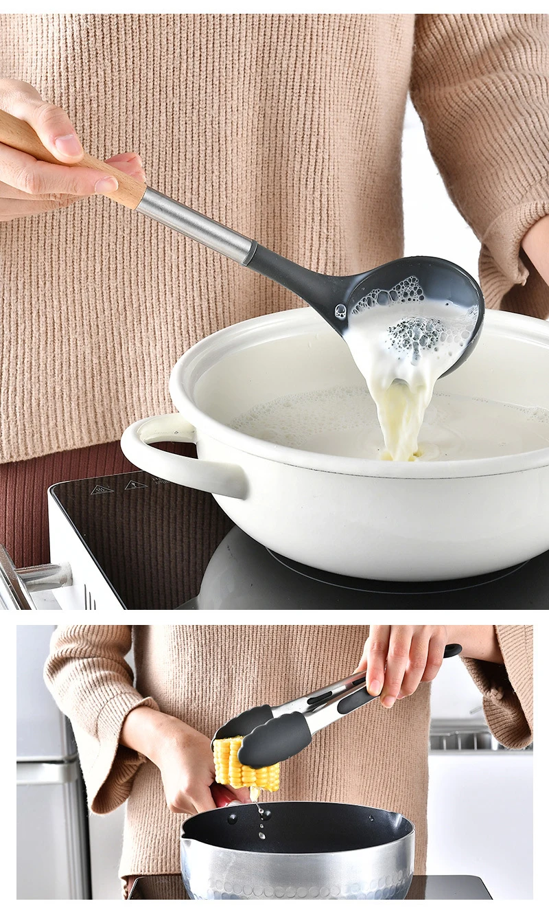 12 Pieces Cooking Tools Set Silicone+Wood Handle Kitchen Cooking Utensils Set with Storage Box Turner Tongs Spatula Soup Spoon