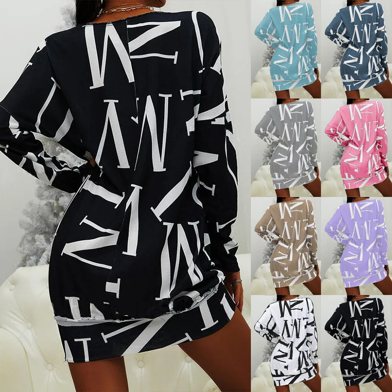 

2021 Spring and Autumn New Women's long sleeve letter printed round neck casual loose dress