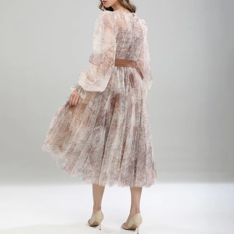 

VGH Elegant Patchwork Ruched Dress For Women O Neck Long Sleeve High Waist Lace Up Bowknot Dresses Female Fashion New Clothing