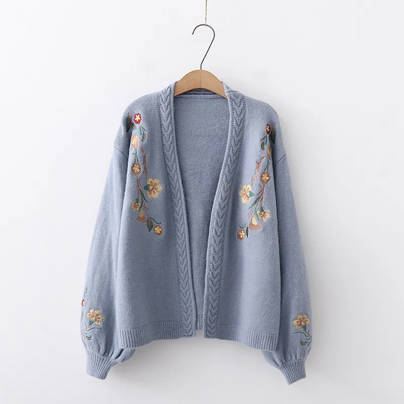 

Women Knitted Fashion Cardigan Spring Autumn V-Neck Lantern Sleeve Embroidery Floral Thick Loose Harajuku Female Sweater 2020