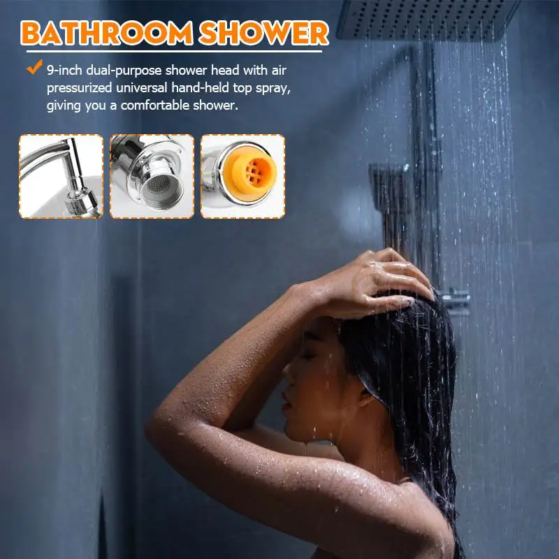 

G1/2" 9 Inch Rainfall Shower Head Bathroom Square Shower Head Pressurized Shower Sprayer Kit with Extension Pipe
