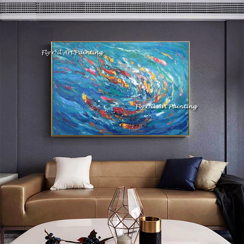 

100% Handmade Abstract Luck Fish Nature Pretty Blue Canvas Oil Painting Wall Art Picture For Living Room Modern Home Decor