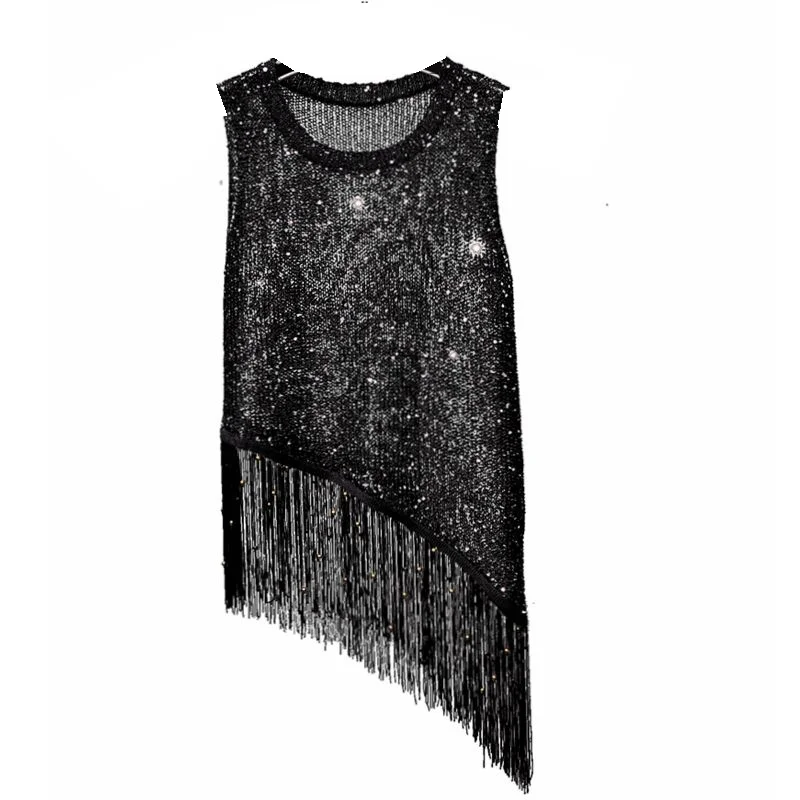 Вязаный жилет с блестками и кисточками золотыми нитями Мини рубашка без рукавов