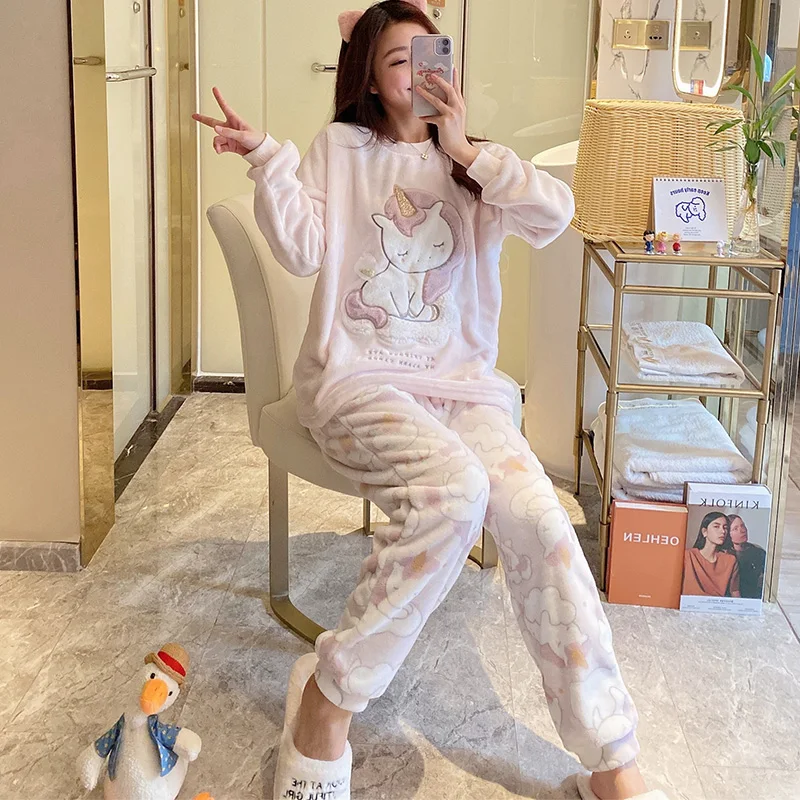 

Autumn and Winter Pajamas Women's Thick Flannel Cute Horse Thermal Coral Fleece Korean Style Student Homewear Outerwear
