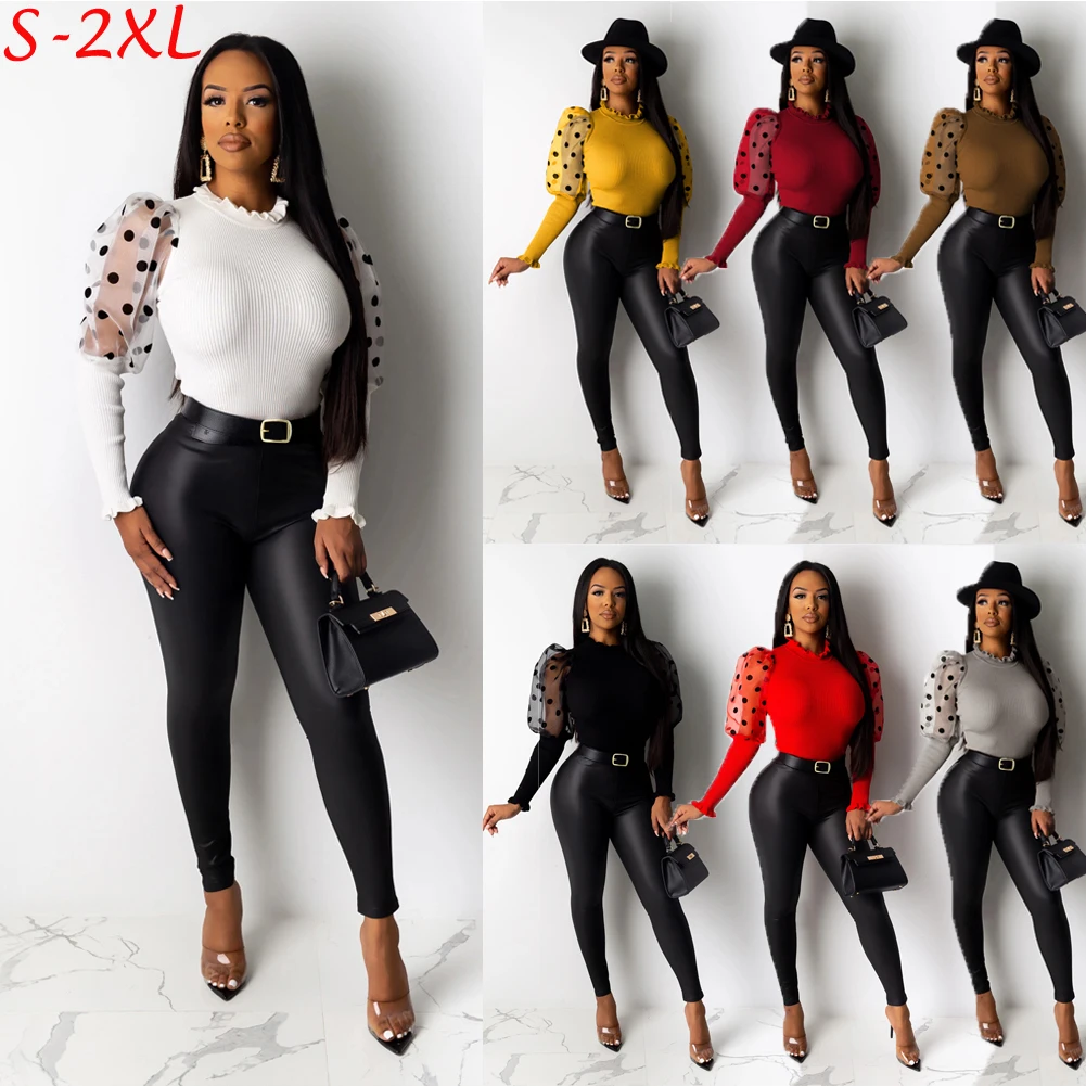 

2021 New Women Blouse Fashion Mesh Puff Sleeve Knitted Casual Slim Jumper Tops Pullover Blouse Turtleneck Shirt Party Clubwear