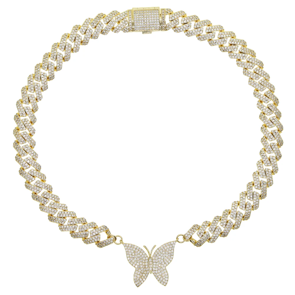 

New 5A Zircon Paved Miami Cuban Link Butterfly Necklace 12mm Cuba Chain Bling Jewelry AAAA Charm Hip Hop Chain FOR WOMEN