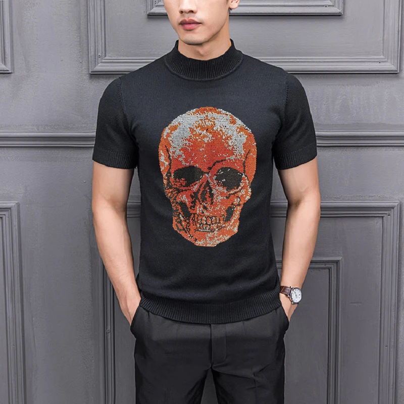 

New Lion Chic Hot Diamond Craft Knitted T-Shirt Men's Sweater Cashmere Short-Sleeved Clothes Wool
