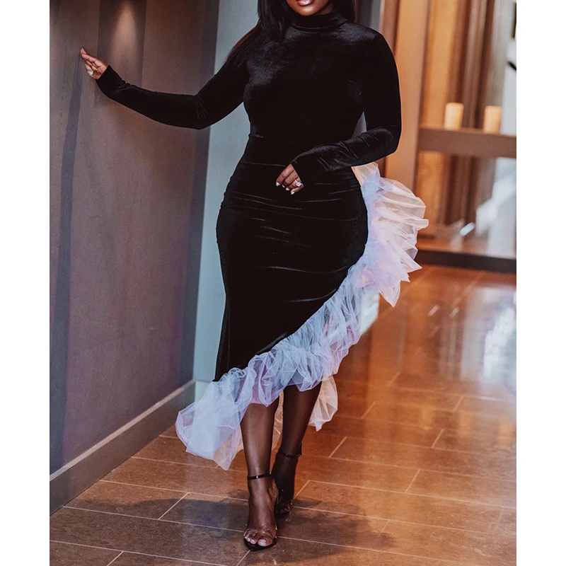 Женское бархатное платье пачка с открытой спиной облегающее асимметричное миди