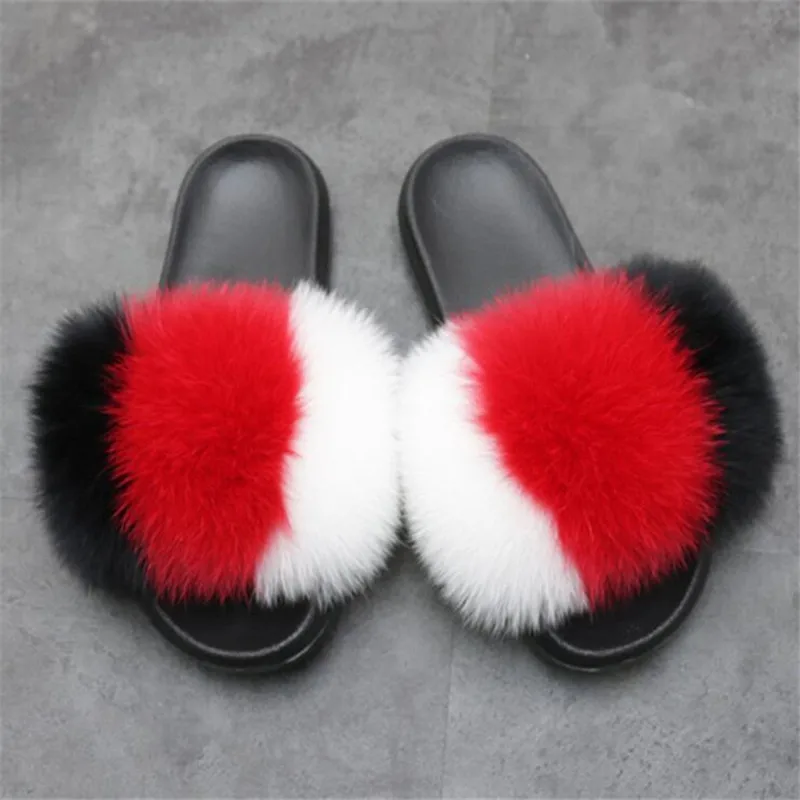 Женские пушистые тапочки женские Вьетнамки с мехом Шлепанцы лисьим Домашние