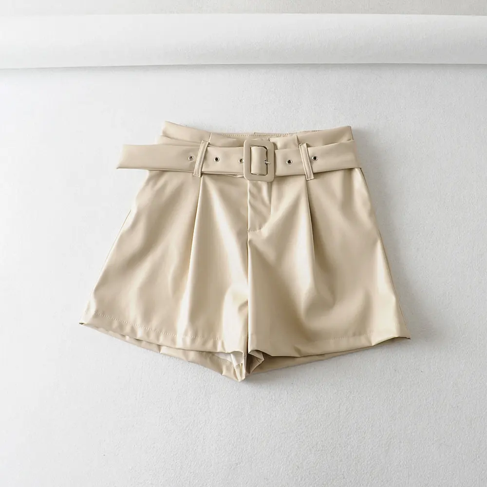 Женские кожаные шорты с высокой талией повседневные черные из искусственной