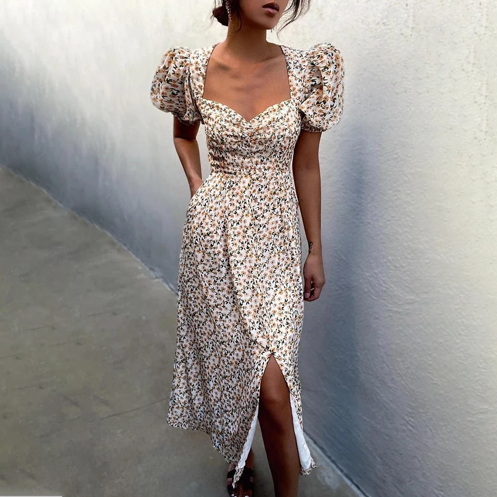 

Summer Puff Short Sleeve Floral Print Dresses For Women 2021 Vintage White French Sundress Sexy Slit Party Vacation Dress