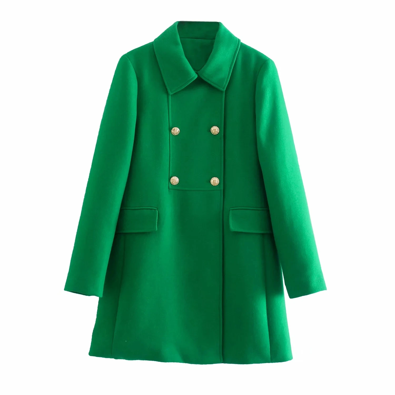 

Fashion Green Women Double Breasted Wool Blends Pockets Long Sleeve Warm Thick For Fall Winter Chic Jacket Coat