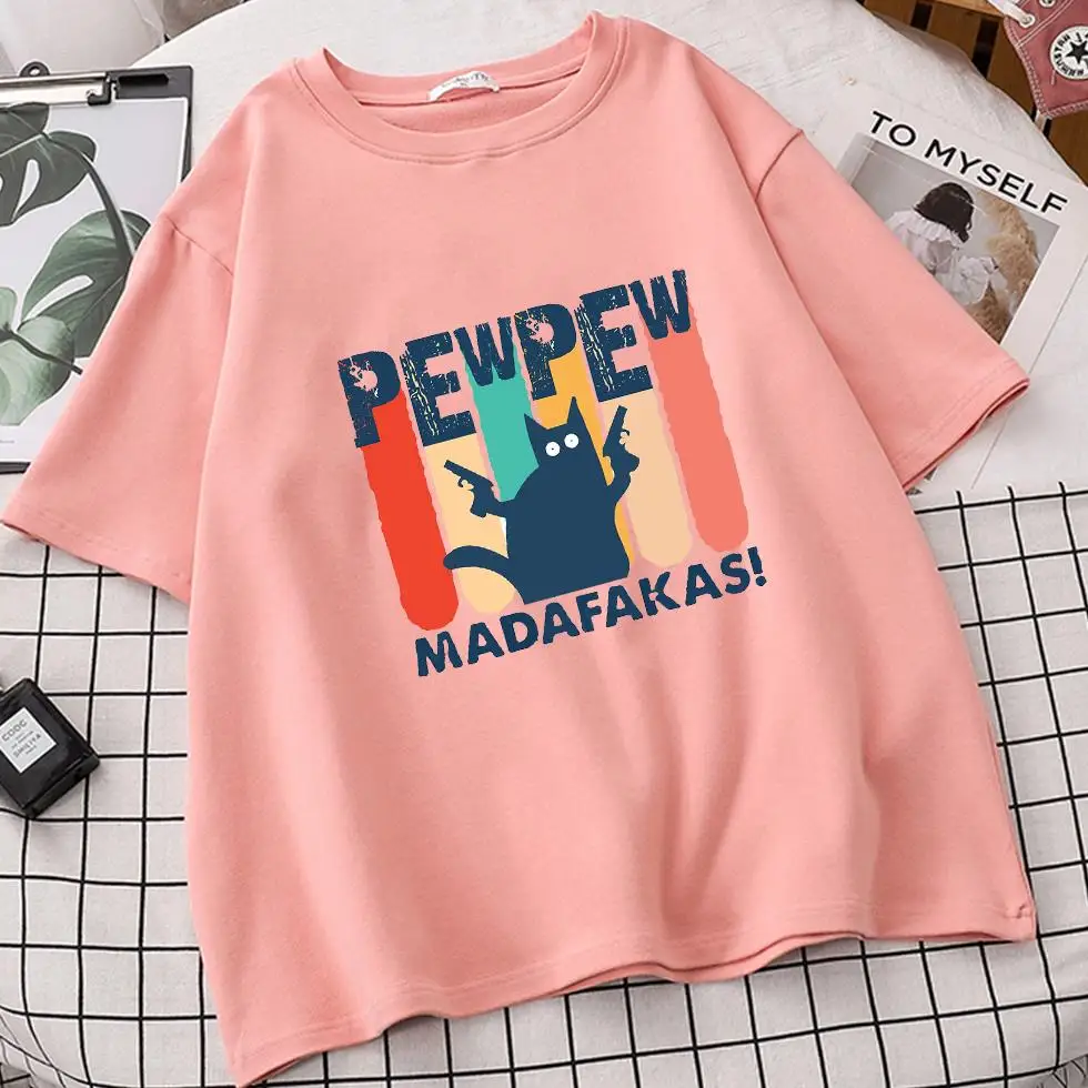 Забавная белая футболка с принтом черной кошки пистолетом Pew Madafakas женский топ
