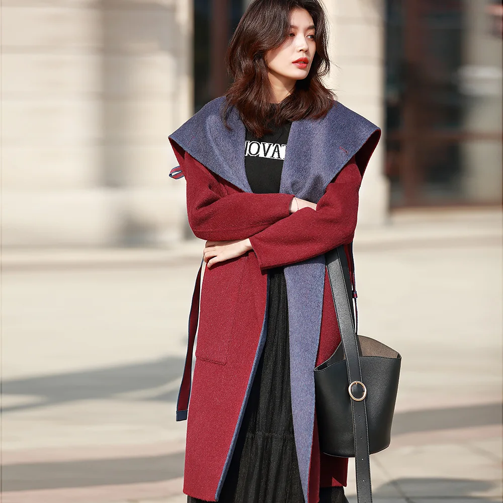 

Women double-sided wool cashmere cape overcoats winter woolen jackets high-end long handmade wine grey water outwear elegant