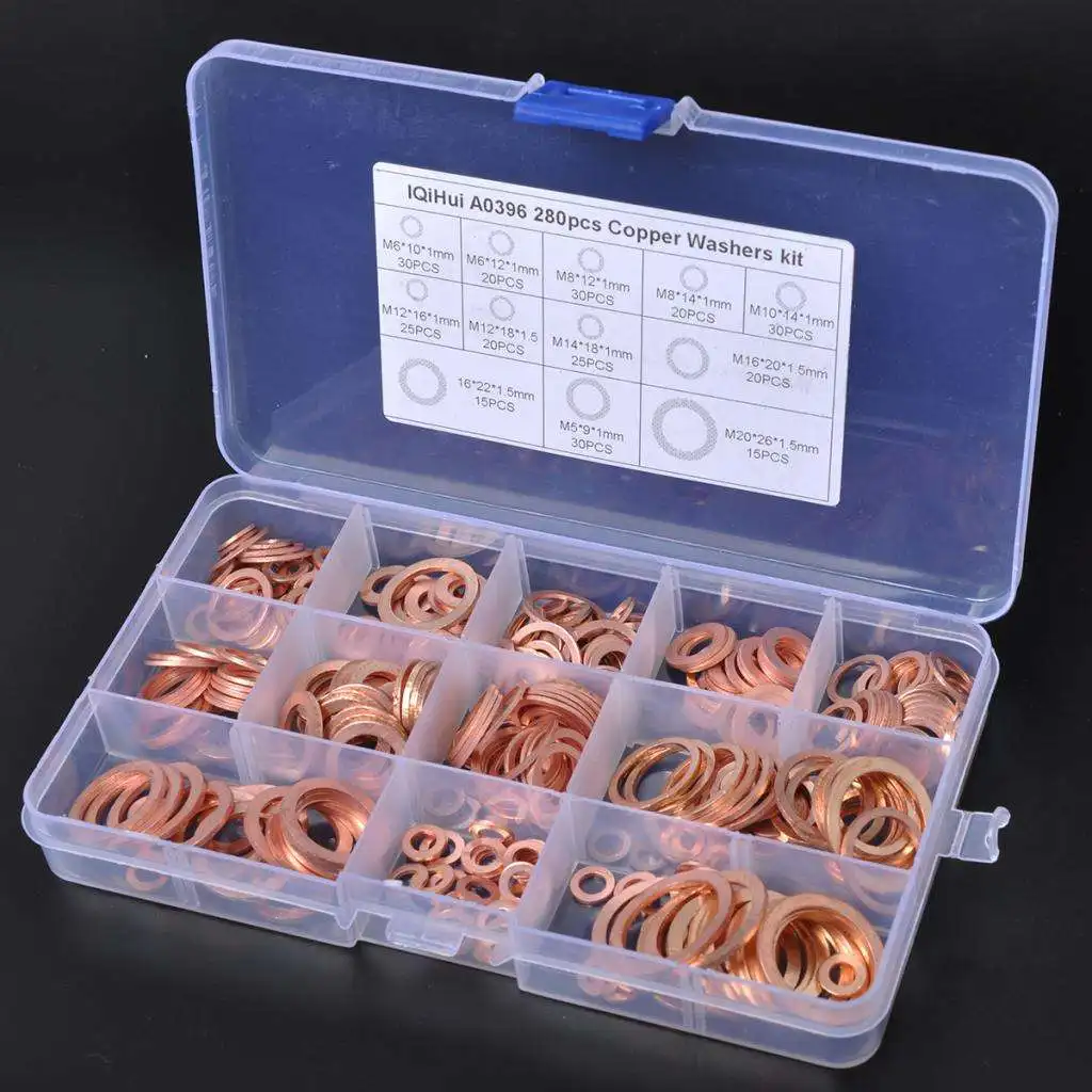 

280pcs Brand New Copper Washer Gaskets Assortment Kit Flat Rings 12 Sizes Good Electrical Conductivity & Thermal Conductivity