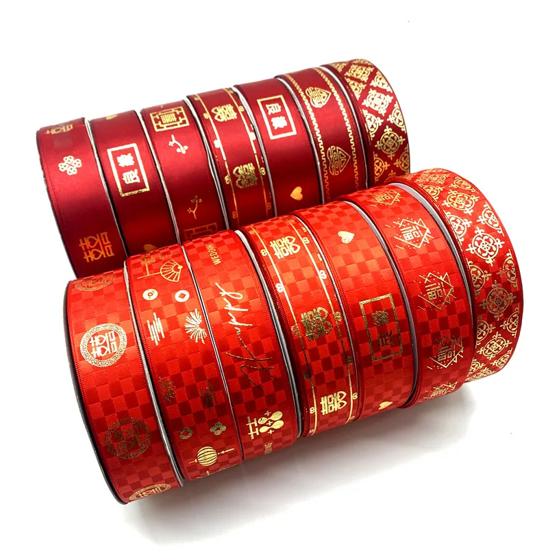 

3 ярда, 25 мм, лента из полиэстера, позолоченная лента с принтом в китайском стиле, праздничный стиль, Рождественская лента для украшения, ткан...