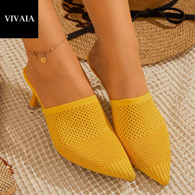 

Muller Semi-Sippers Women Knitting Shoes Summer 2021 VIVAIA New Fashion Casual Thin High Heels Mules Sandals