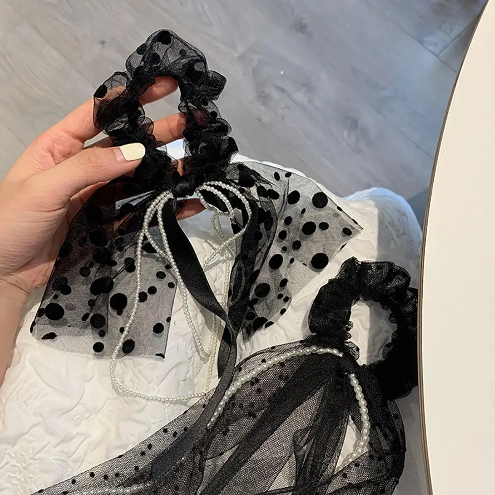 

Fashion Hair Accessories Women Mesh Bow Pearl Scrunchies Hair Ribbon Hairband Sweet Temperament Lady Dot Hair Rope