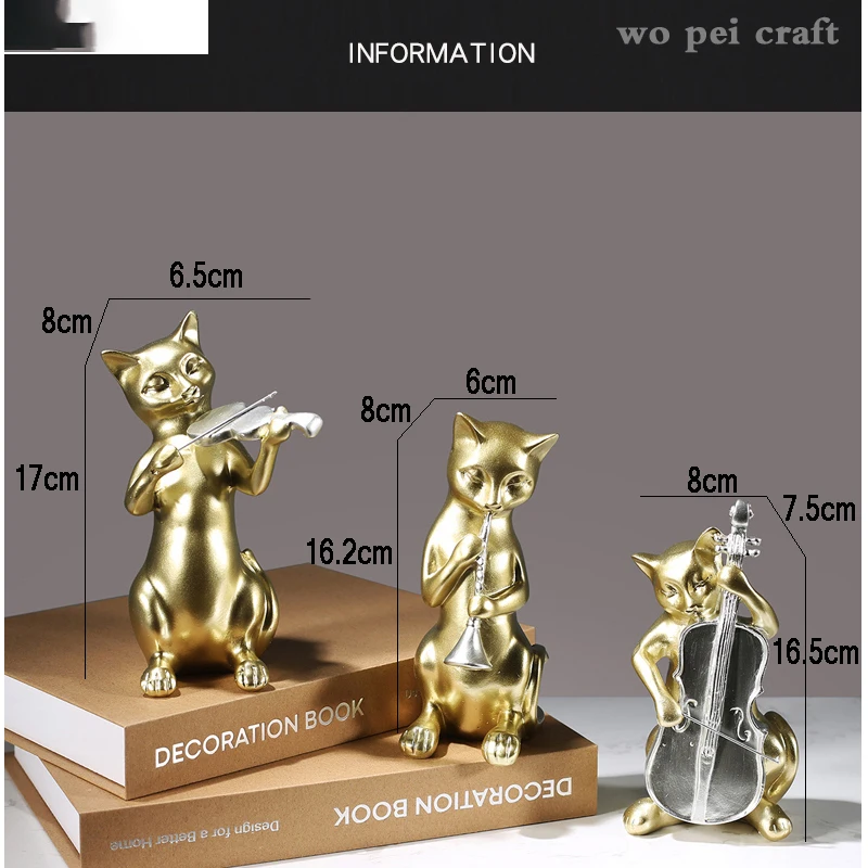 

Nordic Resin Ornaments Golden Cat Figure Desk Decor Kitty Music Team Miniature Figurines Home Decoration Accessories Modern