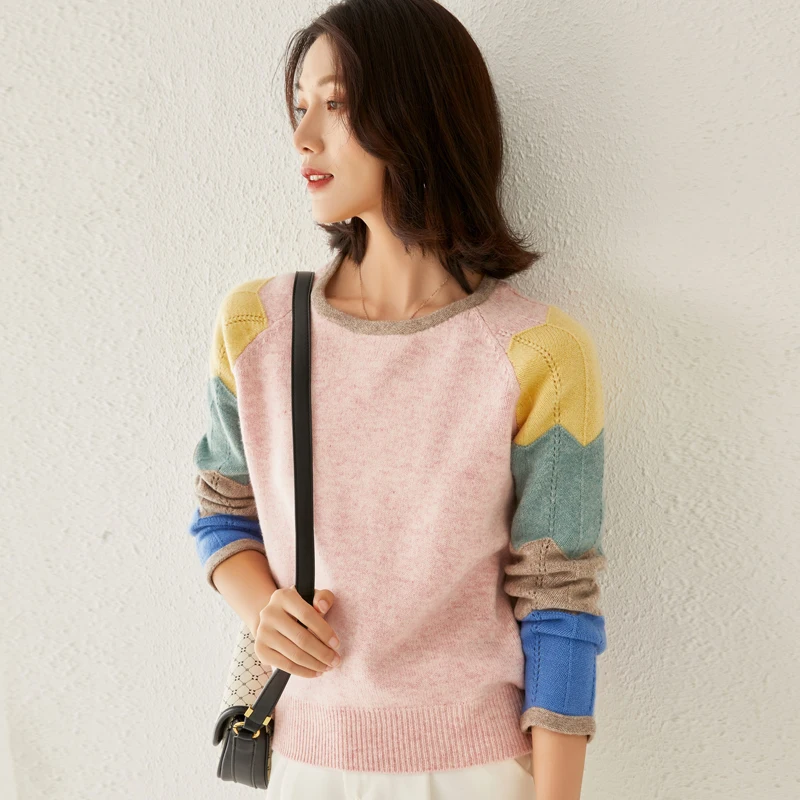 

LHZSYY 2021 Spring Autumn New Stitching Cashmere Sweater Pullover Loose Round Neck 100%Wool Knit Shirt All-match Base Top Female