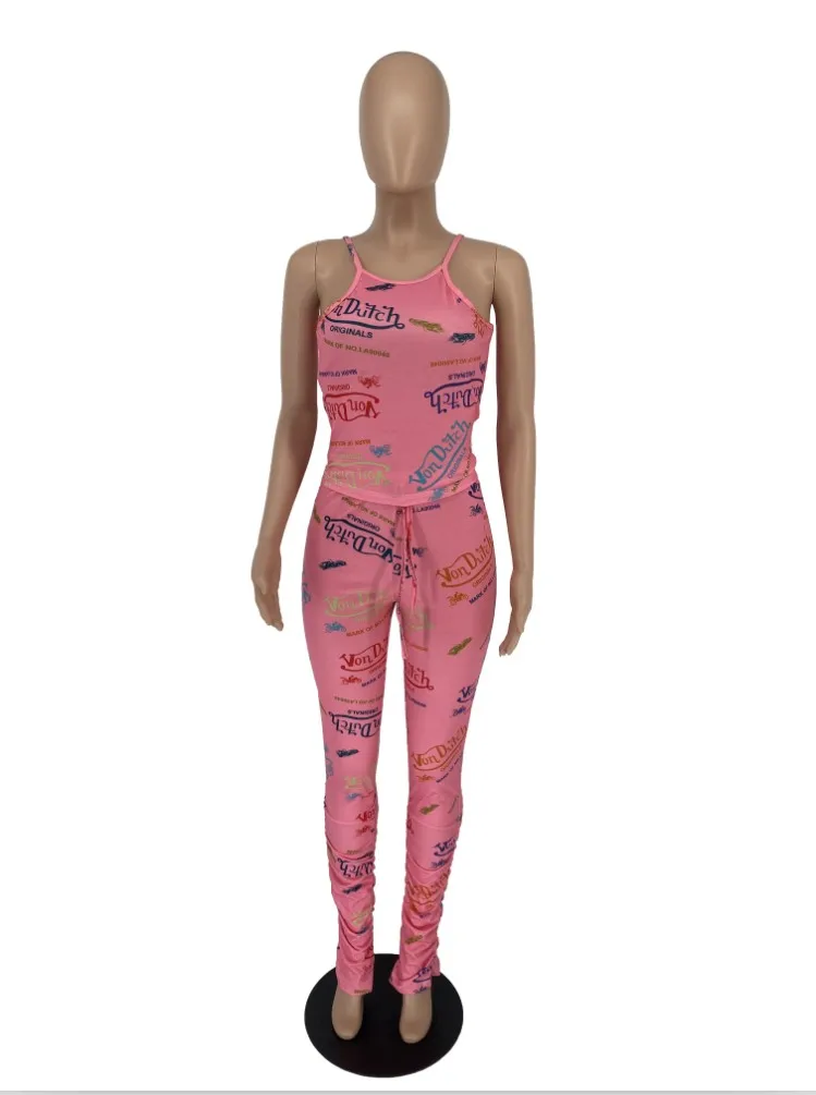

Summer 2 Pcs Letter Print Pleated Flare Pants Sey Sleeveless Crop Top Two Piece Set Party Sexy Skinny Club Outfits New