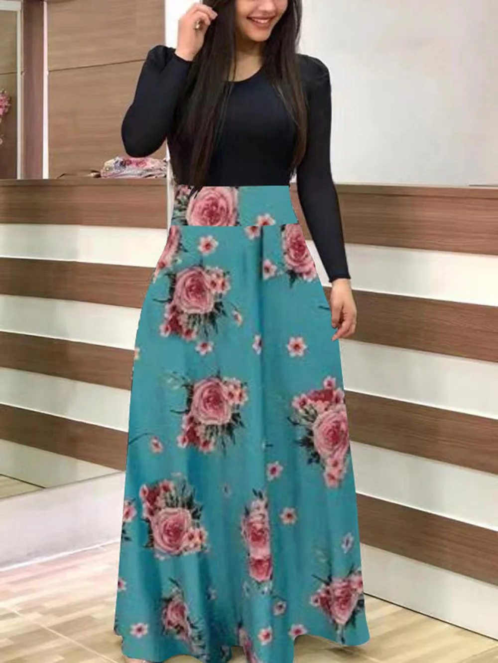 

Women Maxi Dress Autumn Casual Floral Print O Neck Short Sleeve Patchwork Tunic Party Elegant Boho Dresses Robe Ladies Plus Size