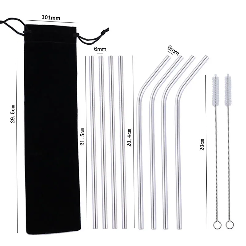 

10 Pcs Metal Reusable 304 Stainless Steel Straws Straight Bent Drinking Straw With Case Cleaning Brush Set Party Bar accessory
