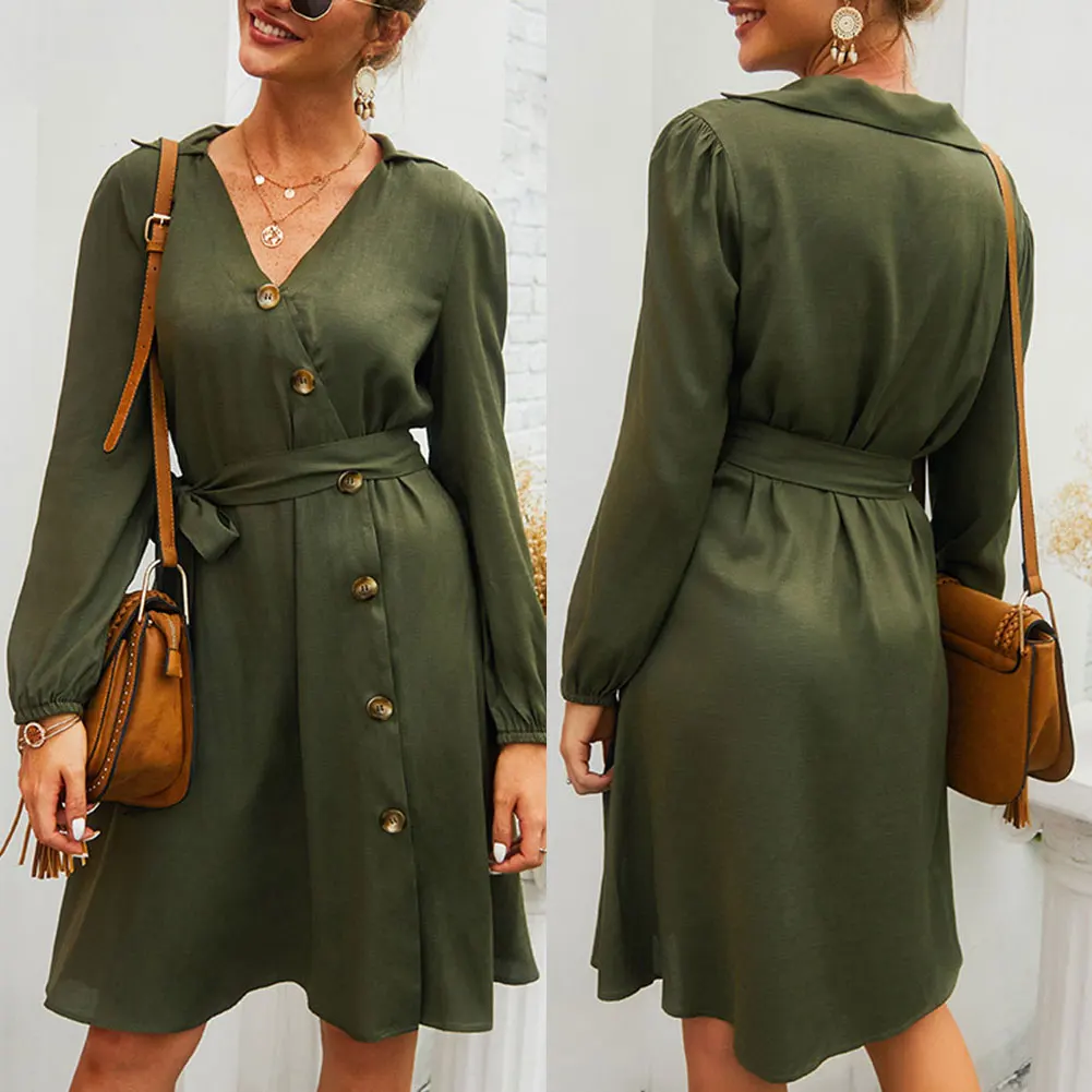 Новое модное женское осенне-зимнее платье с v-образным вырезом и тонким поясом