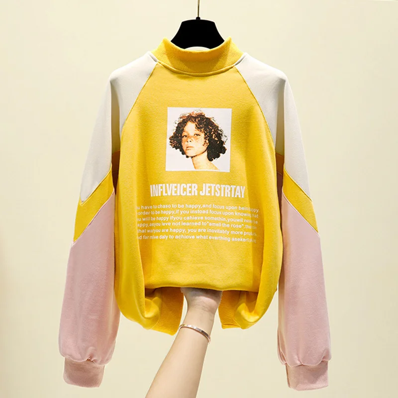 

Korean New Fashion Women's Sweatshirt 2020 Autumn Winter Printing Hoodie Half Turtleneck/Turtleneck Thin/Thick Sweatshirts Women