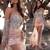 sexy off shoulder long sleeves rose gold prom dresses with slit beaded sequin african girls long graduation dress evening gowns