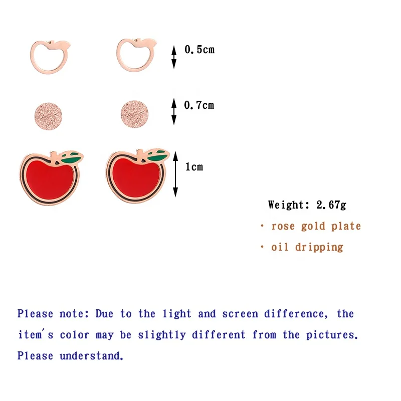 

ONYSS Fashion Jewelry 6 pcs Rose Gold Red Apple Fruit Shape Stud Ear rings Sets Summer 2021
