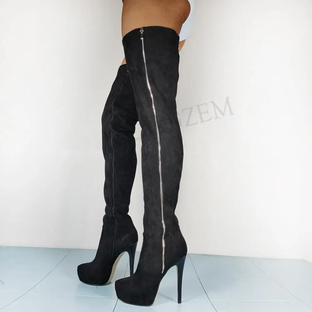 Ботинки женские замшевые на платформе с молнией сбоку высоком каблуке|Ботфорты| |